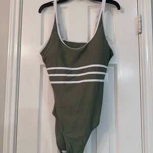 Sleek Green One-Piece Swimsuit with White Trim